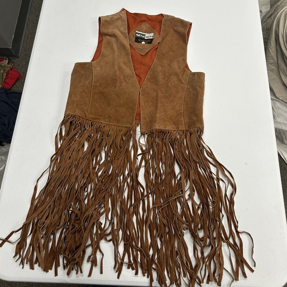 Mona Mode Fringe Vest Womens L Brown Suede Leather Western Boho Sleeveless